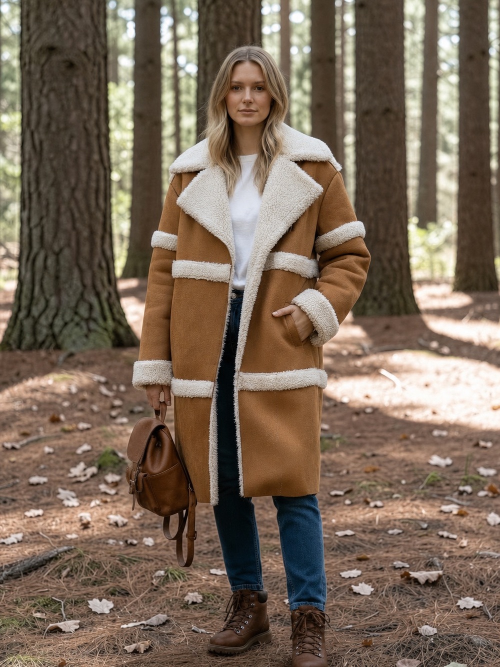 BearPaw Tan Teddy Faux Shearling-Trim Long Coat Tan & Cream Small